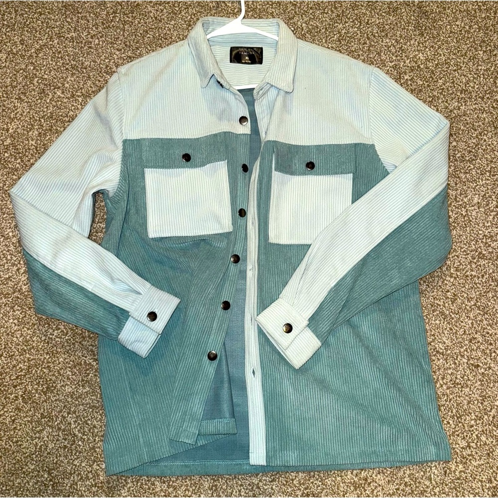 Color Block Dress Shirt Jacket Blue Corduroy Style Streetwear Button Up